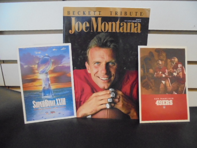 Joe Montana Magazine and Rare Over sized Super Bowl Stickers