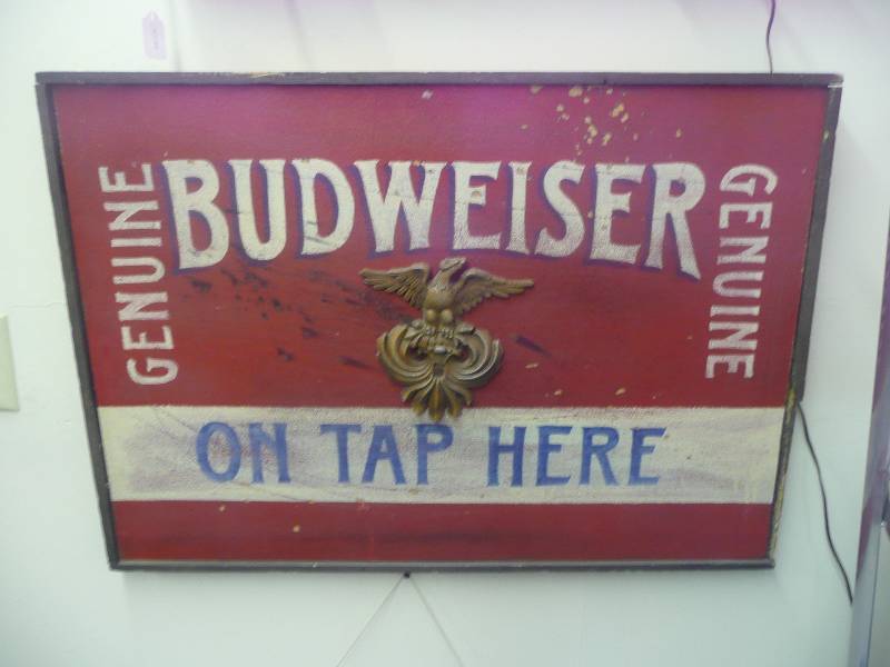 lot 18 image: RARE VINTAGE GENUINE BUDWEISER ON TAP HERE WOOD SIGN - VERY COOL PIECE - APPROX 31 BY 22 - SEE PICTURES