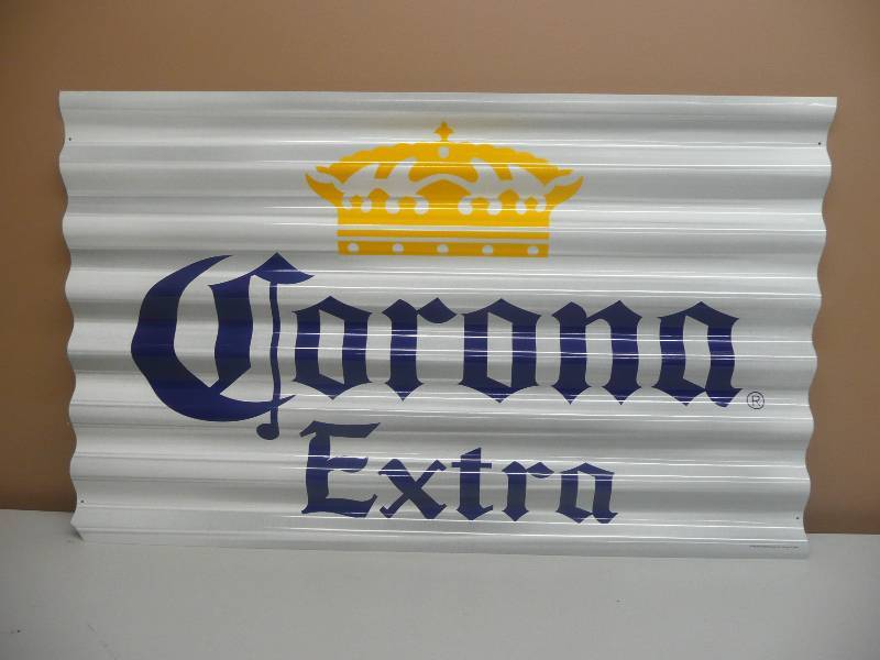 lot 22 image: NOS CORRUGATED CORONA EXTRA TIN SIGN - NEW OLD STOCK - APPROX 36 BY 22 - SEE PICTURES
