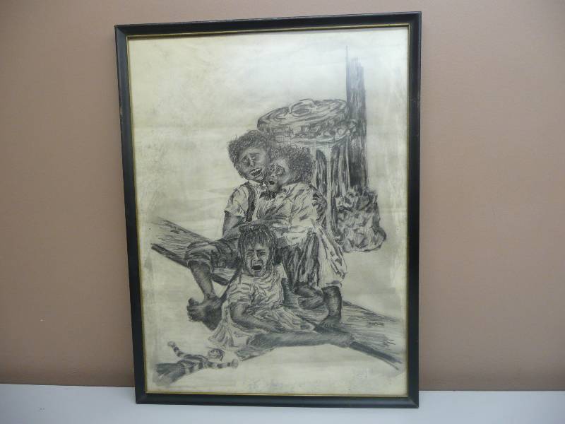 lot 27 image: ANTIQUE HAND SKETCHED FOLK ART - VERY VERY UNIQUE - PROFESSIONALLY FRAMED - APPROX 19 BY 25 - SEE PICTURES