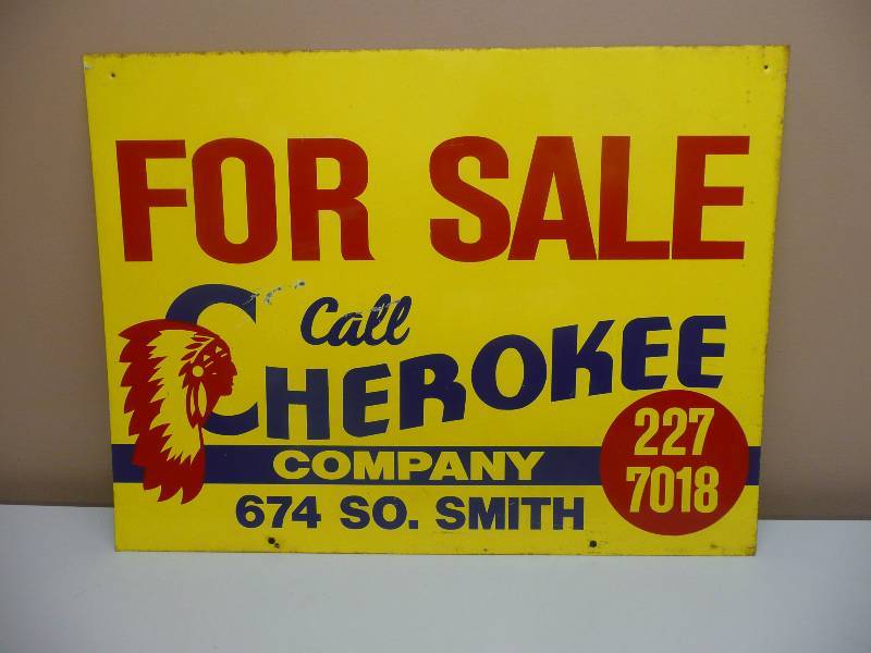 lot 37 image: RARE VINTAGE Double sided Cherokee Company For Sale Porcelain Coated Metal Sign RARE VINTAGE - APPROX 24 BY 18 - SEE PICTURES