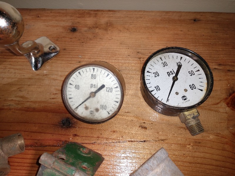 USG 0160 Pressure Gauge, USG 060 Pressure Gauge, 030 Gauge, Antique Hinges, Pair of Towel Bar Posts, Pulley (2), Tool, Plumbing Parts, and Salvage