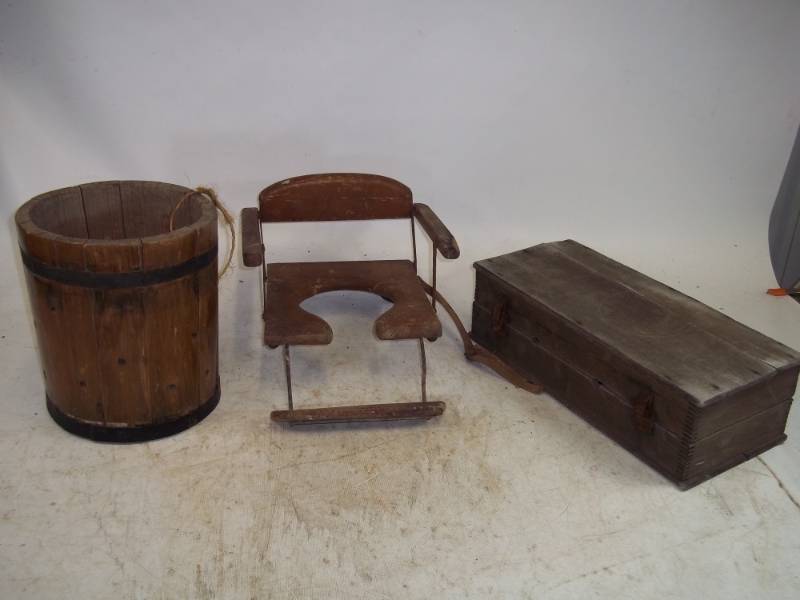 Vintage  Wood Press Barrel, Potty Chair and dovetailed Box