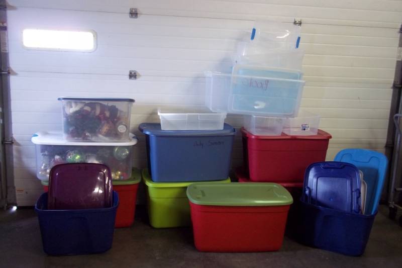 Large lot of Totes with Covers and Christmas Dcor