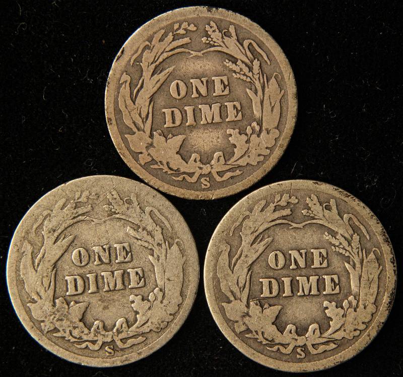 3 SILVER BARBER DIMES 1900-S, 1905-S, 1914-S