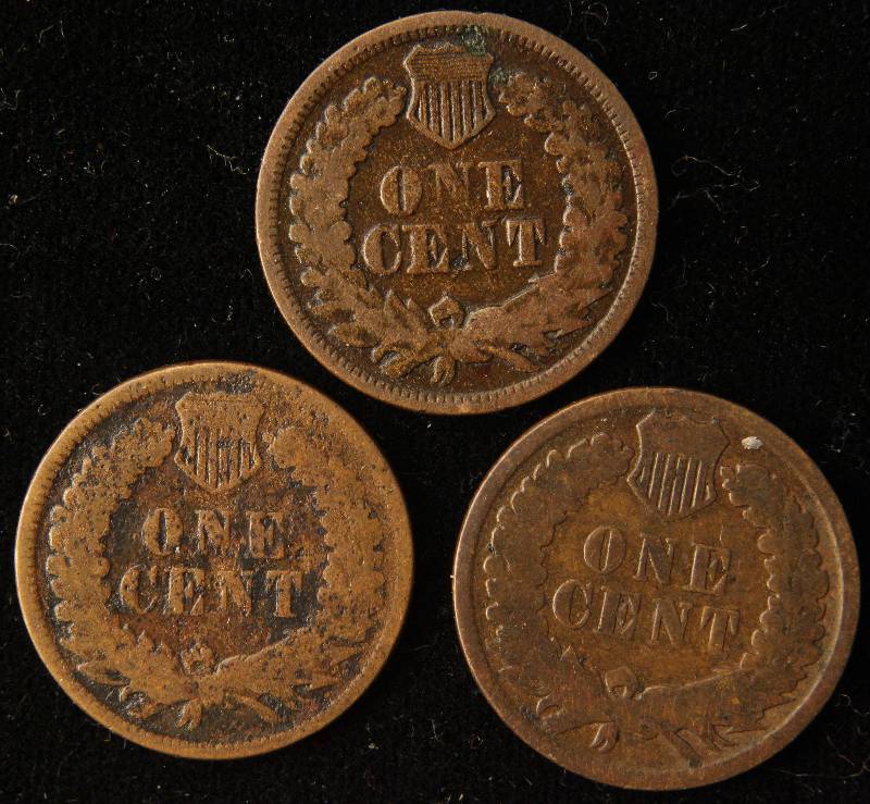 3 INDIAN HEAD CENTS 1864, 1874, 1881