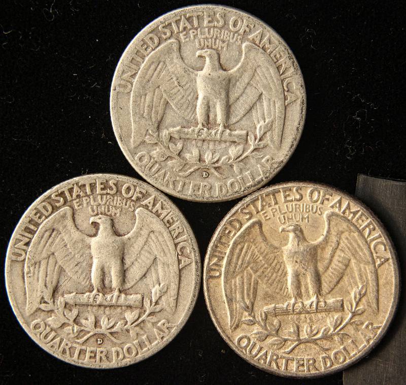 3 WASHINGTON SILVER QUARTERS 1951-D 1954-D 1963
