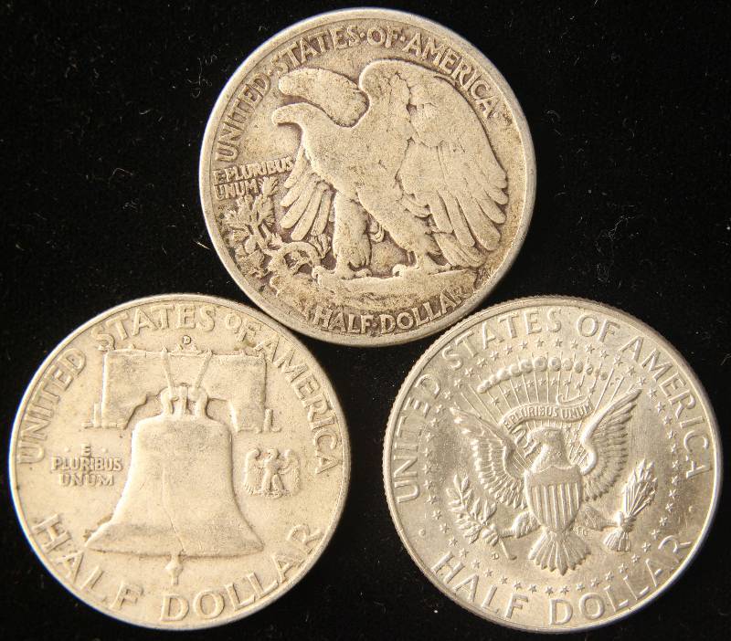 3 SILVER HALF DOLLARS 1943, 1957-D, 1964-D