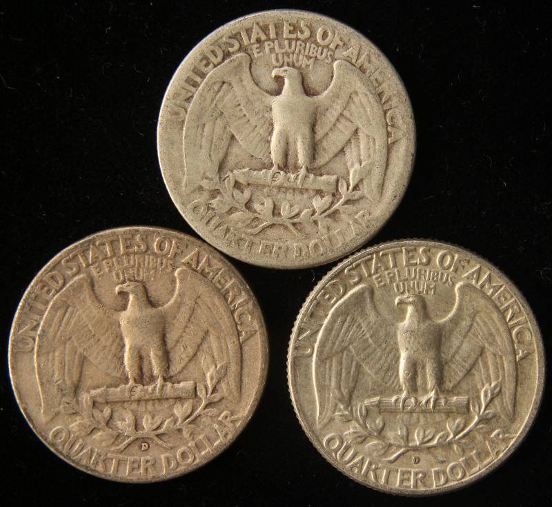 3 SILVER WASHINGTON QUARTERS  1944, 1953-D, 1964-D