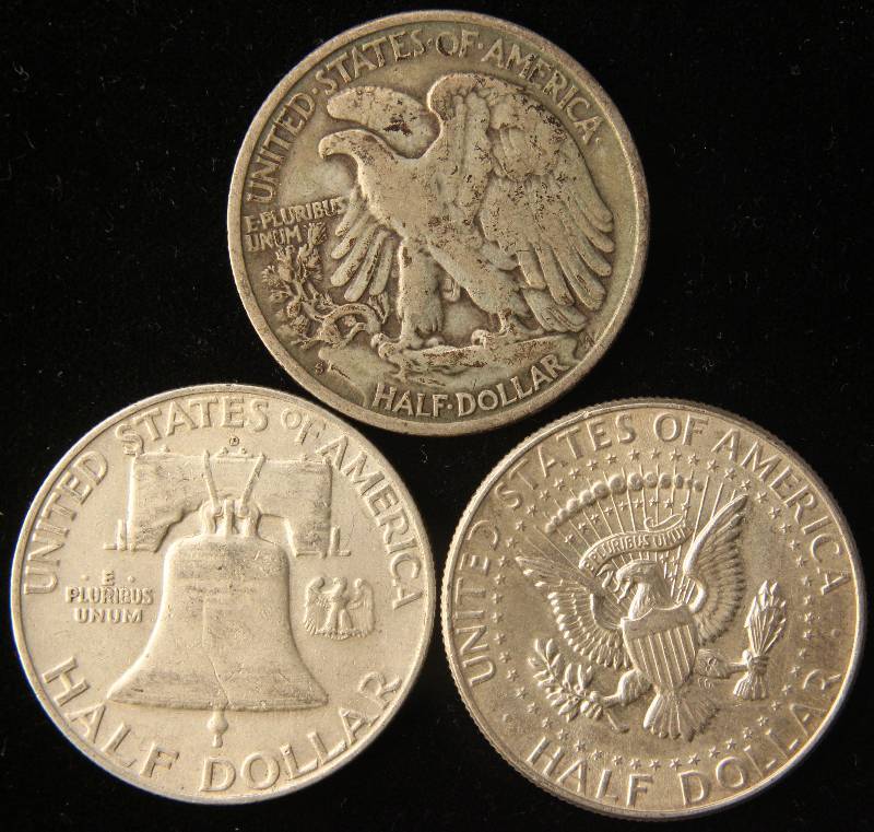 3 SILVER HALF DOLLARS 1943-S, 1959-D, 1964