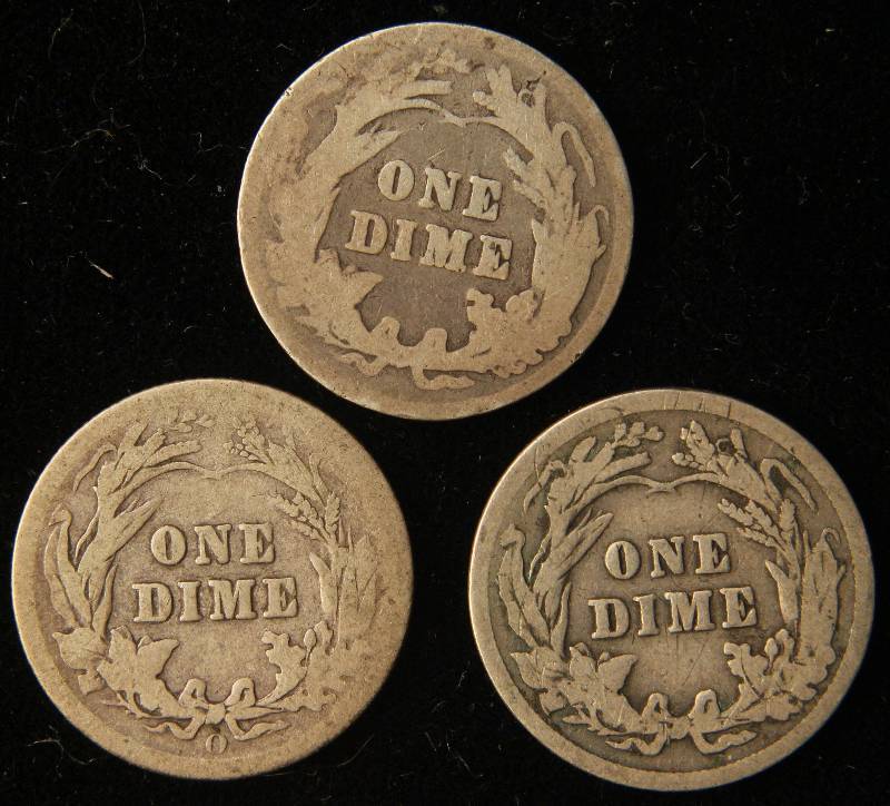 3 BARBER SILVER DIMES 1901, 1906-O, 1916