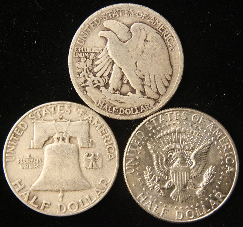 3 SILVER HALF DOLLARS 1943-S, 1952-D, 1964-D