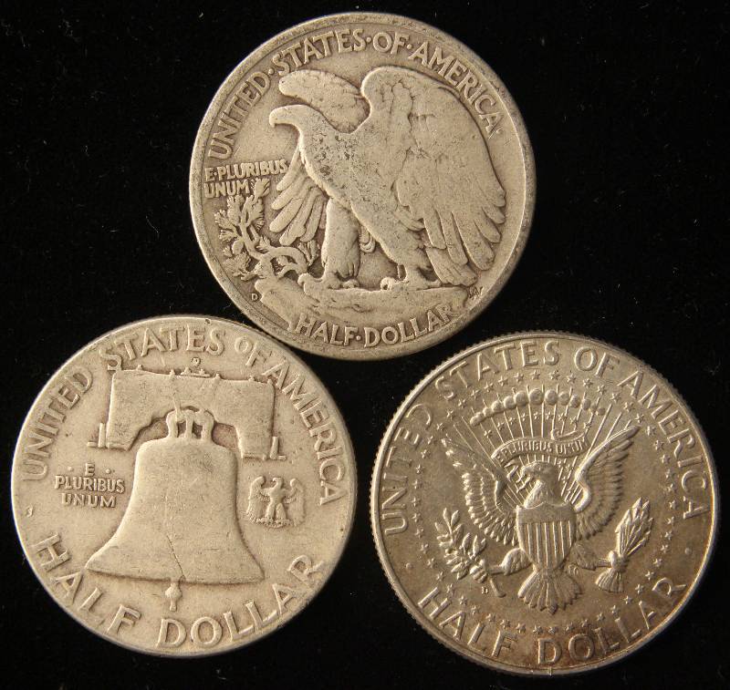 3 SILVER HALF DOLLARS 1945-D, 1948-D, 1964-D