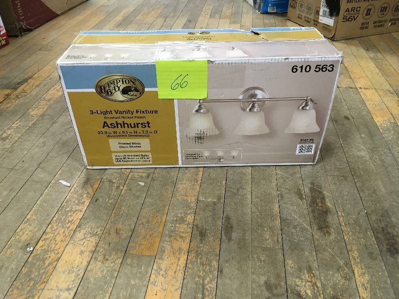 lot 66 image: Hampton Bay 3 Light Brushed Nickel Vanity Light with Frosted Glass Shades open box never used