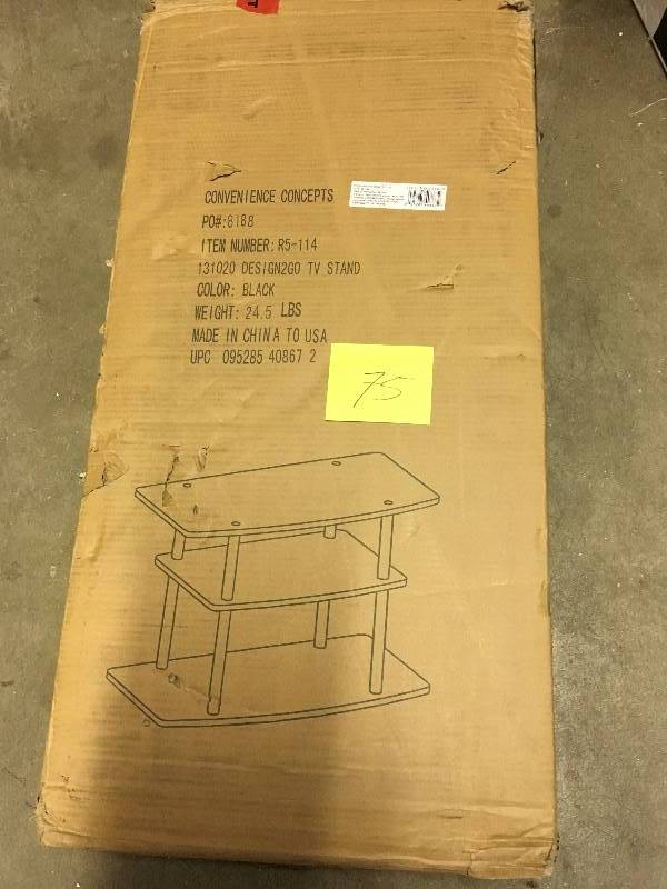 lot 75 image: Convenience Concepts Inc. Designs2Go 3-Tier TV Stand open box never used