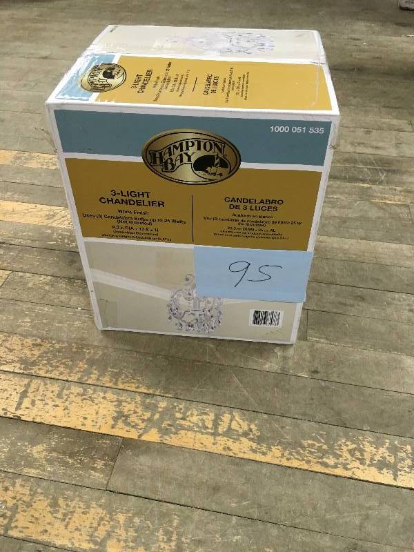 lot 95 image: Hampton Bay 3 Light White Mini Chandelier with Crystal Drops and Crystal Bead Strands