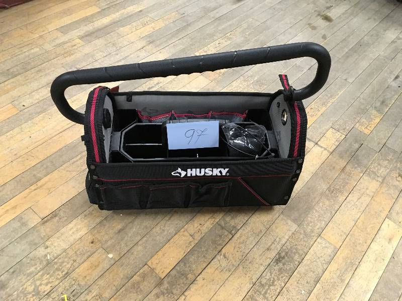 lot 97 image: Husky 20 in Pro Tool Bag with Pull Out Tray Missing 1 Ring for Handle