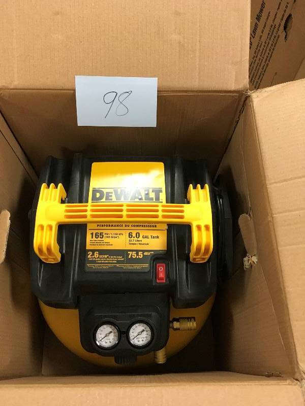 lot 98 image: DeWalt Heavy Duty 165 PSI Max., 6 Gallon Pancake Style Air Compressor