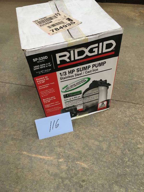 lot 116 image: Ridgid 13 HP Submersible Sump Pump Stainless Steel Cast Iron new