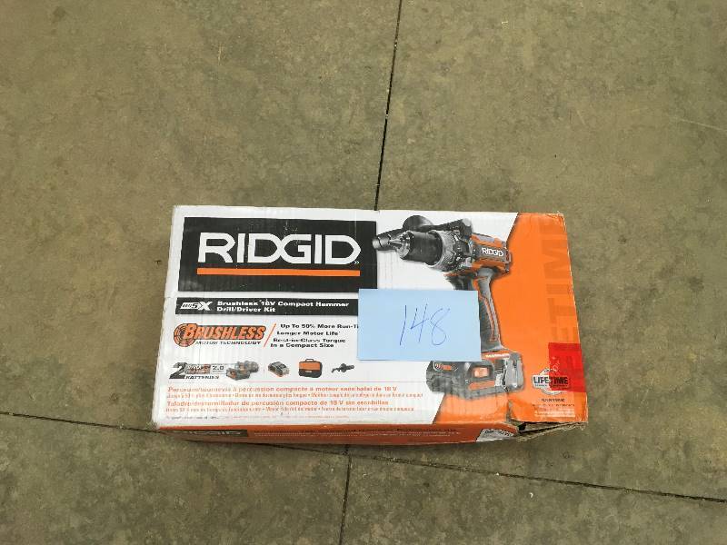 lot 148 image: Ridgid GEN5X Brushless 18 Volt Compact Hammer DrillDriver Kit open box in working condition