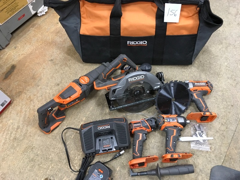 lot 156 image: Ridgid 18-Volt  Cordless Lithium-Ion Combo Kit (5-Tool) with (2) 4.0Ah HYPER Lithium-Ion Batteries, Charger and Bag used in like new condition
