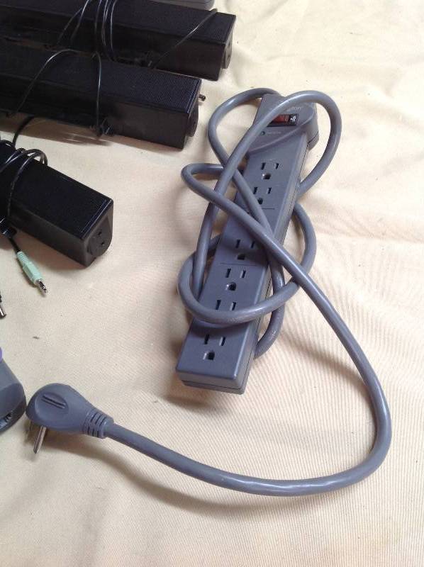 lot 20 image: Three Computer Speakers   Three Power Cords- 3 feet to 8 feet cords  New 10 CD-R Disks,