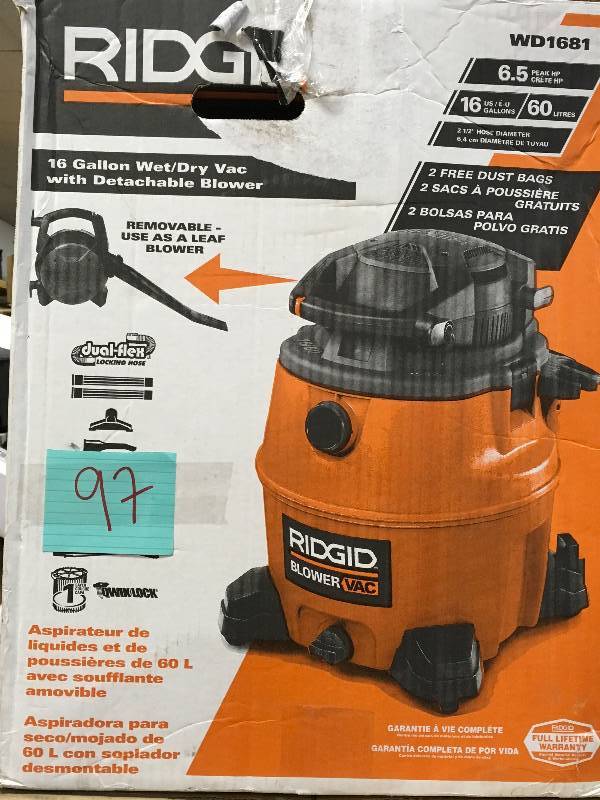 Ridgid WD1681 16 Gal WetTry Vac with Detachable Blower used in working condition