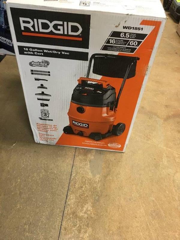 Ridgid 16 Gallon WetDry Vac with Cart Open box in like new condition
