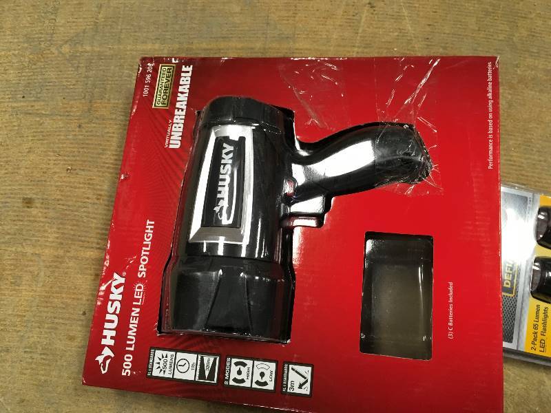 Husky 500 Lumen LED Spotlight & Husky 1000 Lumen LED Aluminim Flashlight & Defiant 2-Pack 65 Lumen LED Flashlights