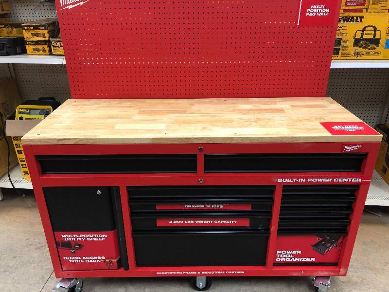 Milwaukee 60.125 in. 11-Drawer and 1-Door 22 in. D Mobile Workbench with Sliding Pegboard Back Wall, Red and Black not used