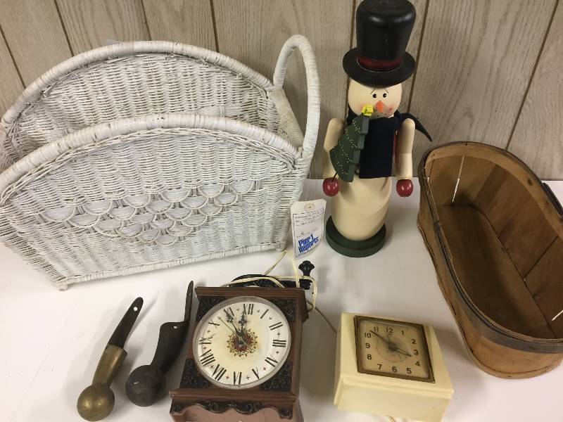 lot 53 image: Clocks, Wicker Mag Rack, Snowman Nut Cracker, Basket