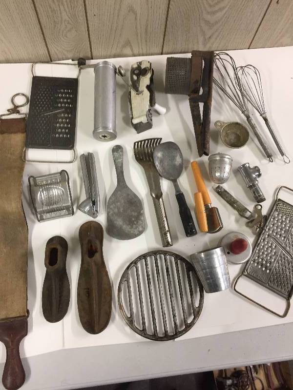 lot 69 image: Vintage Kitchen Gadgets, Cobbler Shoes, Barber Strap