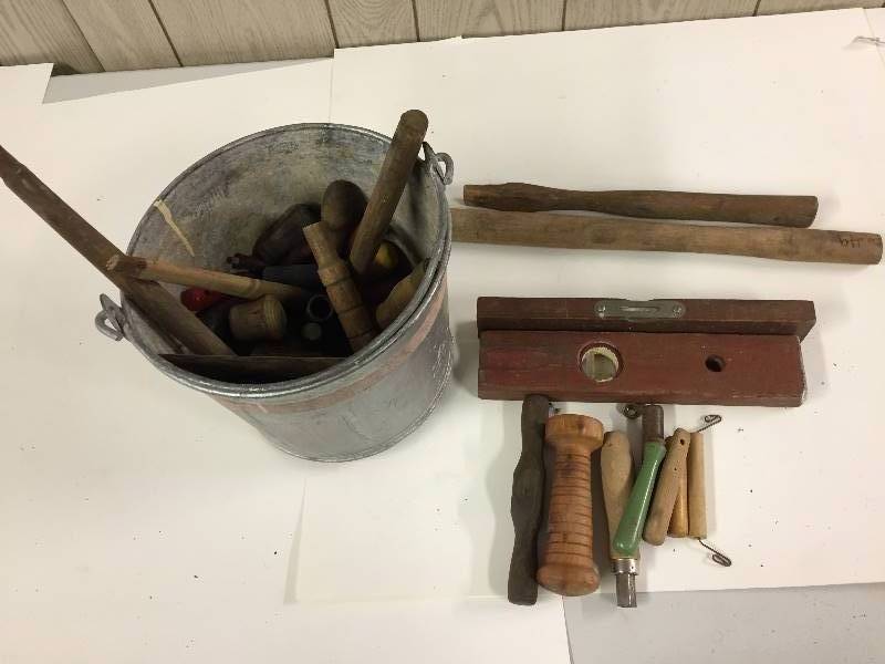 lot 51 image: Galvanized Pail full of Tool Handles
