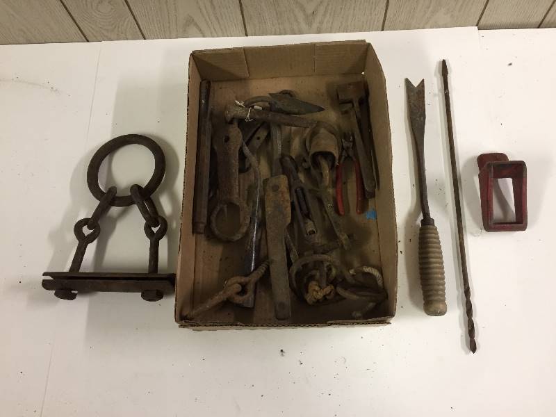 lot 73 image: Vintage Asst Tools, RR Spike, Concrete Drill Bit, more