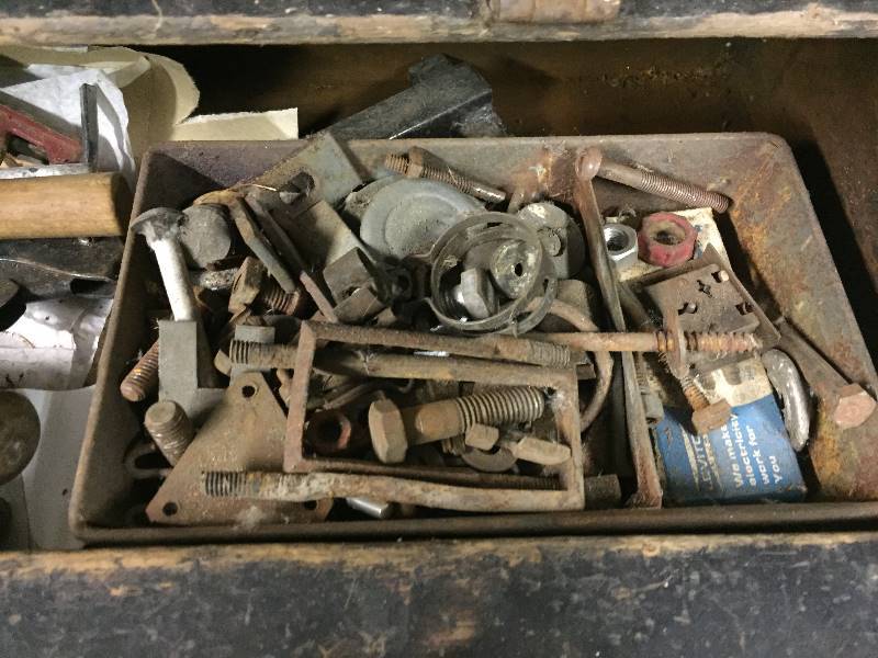 lot 79 image: Antique Wooden Box full of Tools