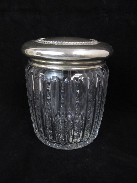 lot 1 image: Original 1890s Signed TIFFANY Sterling Silver & Cut Crystal HumidorJar