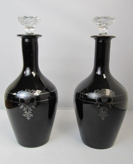 lot 8 image: Pair of Antique Black Crystal - Silver Decorated Wine Decanters