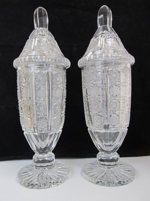 lot 10 image: HUGE Antique American Brilliant Period Cut Crystal Lidded Urns