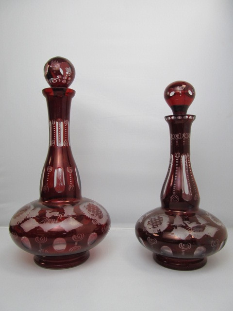 lot 14 image: 2 Antique Bohemian Ruby Red Cut Crystal Decanters wDeer & Wildlife Designs