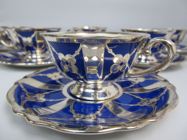 lot 15 image: Antique Krautheim Sterling Silver & Enamel Teacups wSaucers