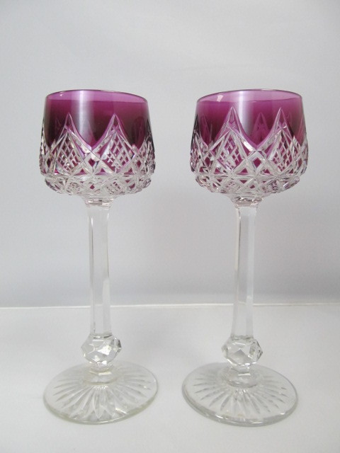 lot 25 image: Pair of Antique Signed BACCARAT Colbert Pattern Cut to Clear Crystal Goblets