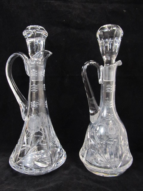 lot 64 image: Pair of Finely Etched Vintage Floral Design Crystal Decanters