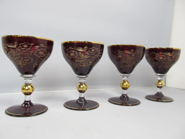 lot 68 image: 4 Ruby Red Hand Decorated Gold Rim Small Wine Goblets