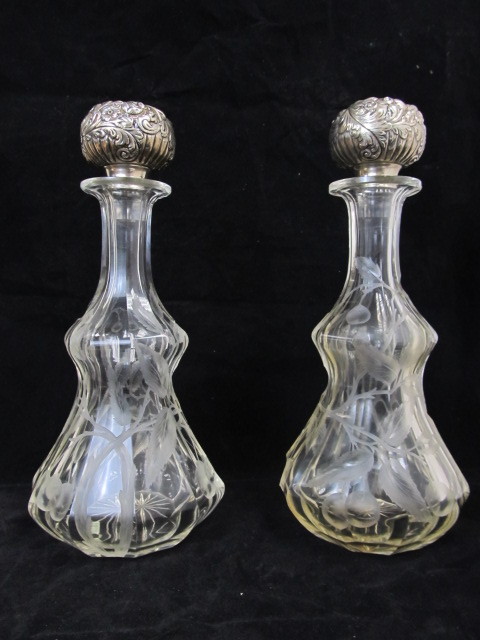 lot 71 image: Pair of Antique Deep Etched Crystal Decanters wSterling Silver Gorham Stoppers