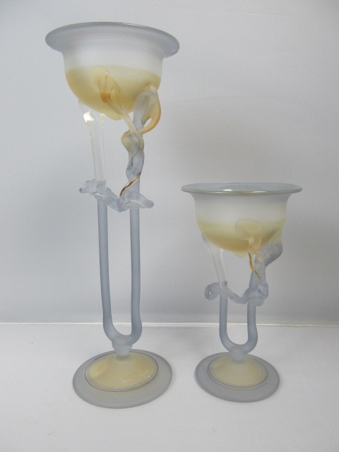 lot 73 image: Pair of Signed Ion Tamaian Hand Made Art Glass Candle Holders