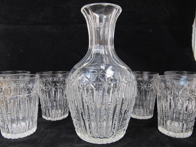 lot 77 image: Antique Brilliant Period Cut Crystal Water Jug w6 Matching Glasses