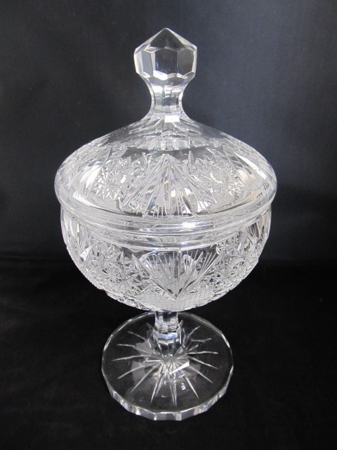 lot 83 image: Antique Brilliant Period Cut Crystal Heart & Hobstar Lidded Compote