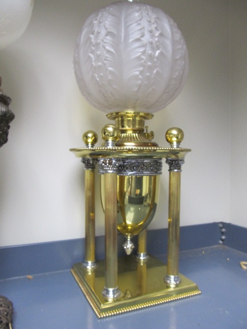 lot 92 image: Monumental Antique Brass Corinthian Column Banquet Oil Lamp