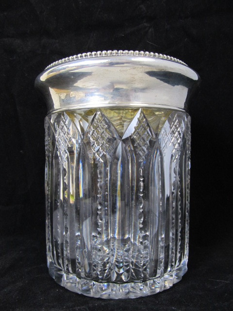 lot 96 image: Signed Antique Sterling Silver & Brilliant Period Cut Crystal Humidor Jar