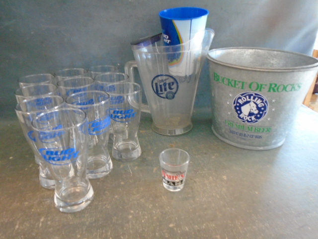 Beer Glasses, Pitcher and Bucket